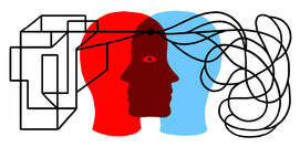 An abstract art piece. A red head and blue head overlapping like they are looking at one another so you can see their side profiles. Where the two side profiles meet is a single eye ball. On the left hand side of the red head are straight lines in a random geometric pattern that come to a single line through the forehead of the red head towards the blue head. To the right of the blue head, is a series of squiggly lines jumbled together that come to a single line through the forehead of the blue head towards the red head. Where both the single lines meet, there is a black dot, and it is above the eyeball. 