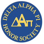 Delta Alpha Pi Logo. Blue Circle with yellow text on the inside. Greek letters for Delta, Alpha and Pi are in the middle. The words 