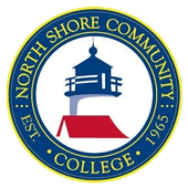North Shore Community College Seal. Blue Circle with thin yellow border around it, with a white circle in the middle of the blue circle. In the white circle, is the top of a lighthouse in blue, white and red. In yellow text in the blue part of the circle reads 